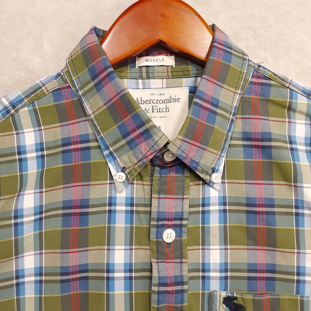 Abercrombie & Fitch Mens Muscle Short Sleeve Button Shirt Sz.M/Green-Plaid/Logo - Picture 3 of 14